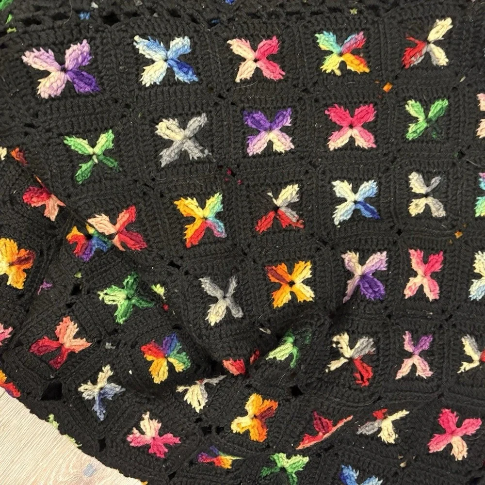 Vintage Handmade Granny Square Afghan Black Multicolor Crochet Throw